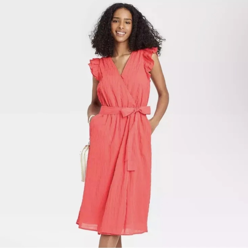A New Day Faux Wrap Dress Coral Ruffle Sleeve PINK Midi Textured Lined Large